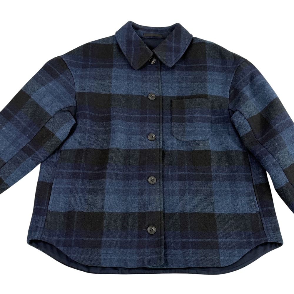 Uniqlo Women's Oversized Boxy Short Jacket Plaid Navy Blue Black Check Medium - Picture 5 of 13